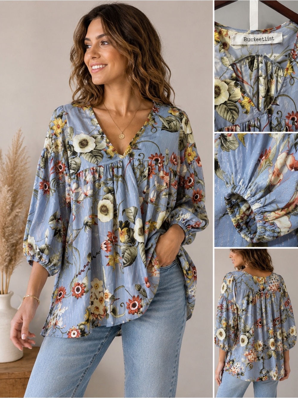 Bucketlist Blue Floral Boho Peasant Blouse Small Metallic Stripe